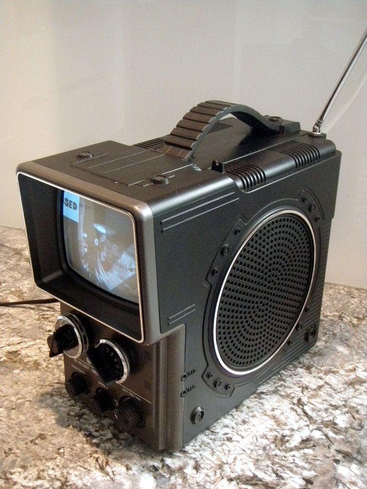 Vintage Hitachi 1980 Portable Television Sci-Fi Retro Electronics Collectible Housewares 80s Home Decor Black and White Unusual Gifts