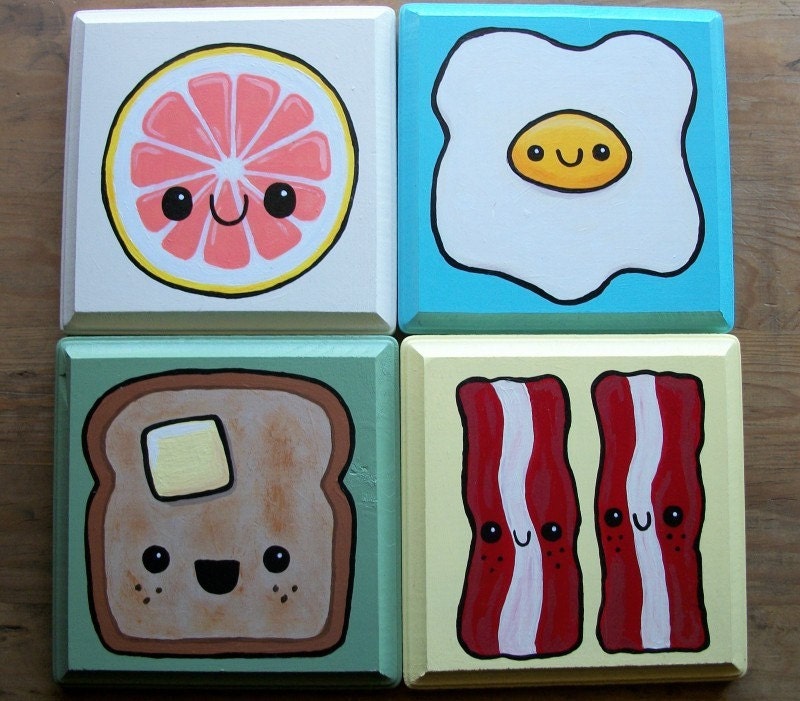Kawaii Breakfast Wall Decor Set of Four Plaques made to order- you may select colors