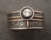 Wedding Band / Engagement Ring Set - Sunflower Design