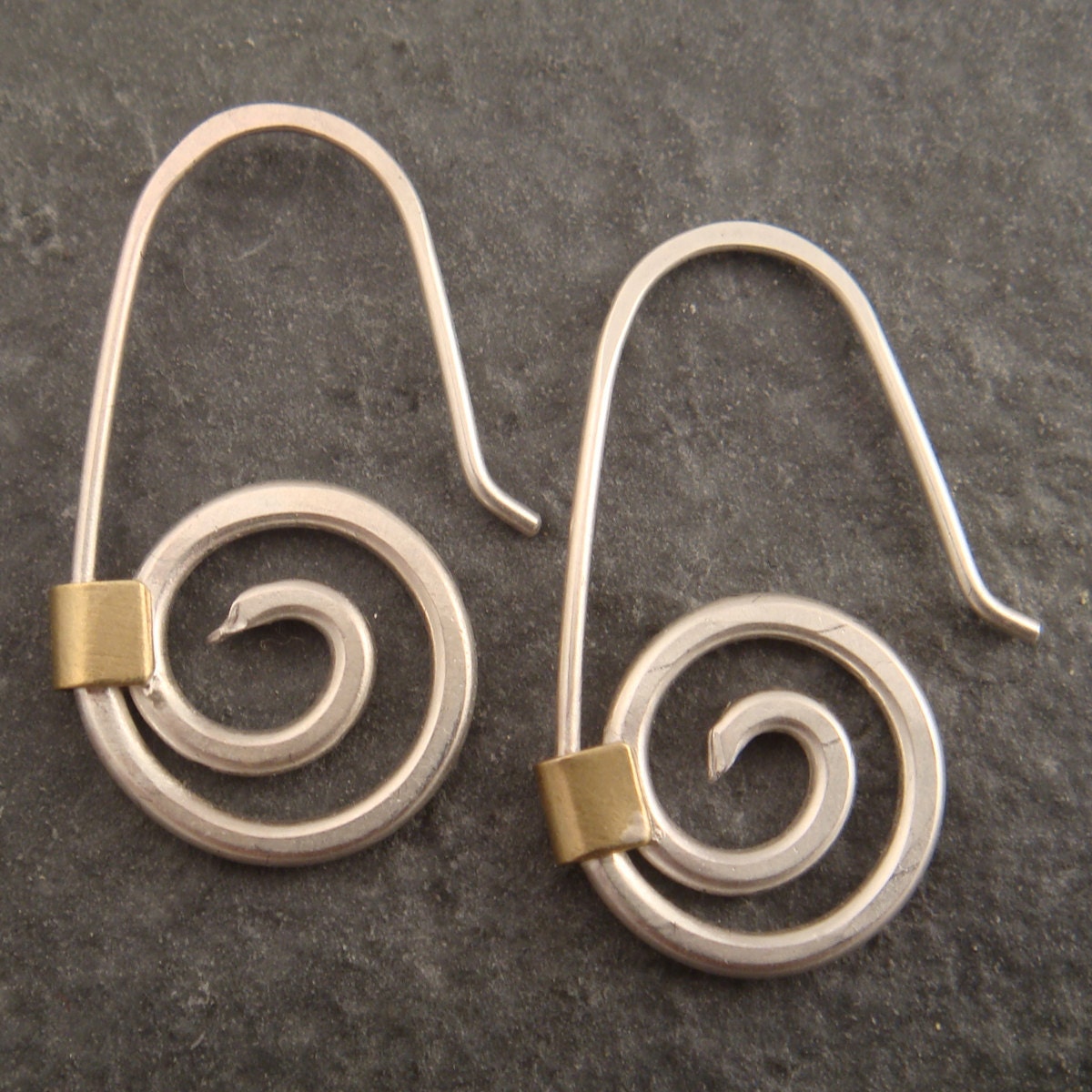 Silver Spiral Earrings with Brass Accent