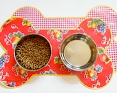 Large Oilcloth Doggie Dish Mat -- Reversible Red Fruity and Red Gingham --- IN STOCK