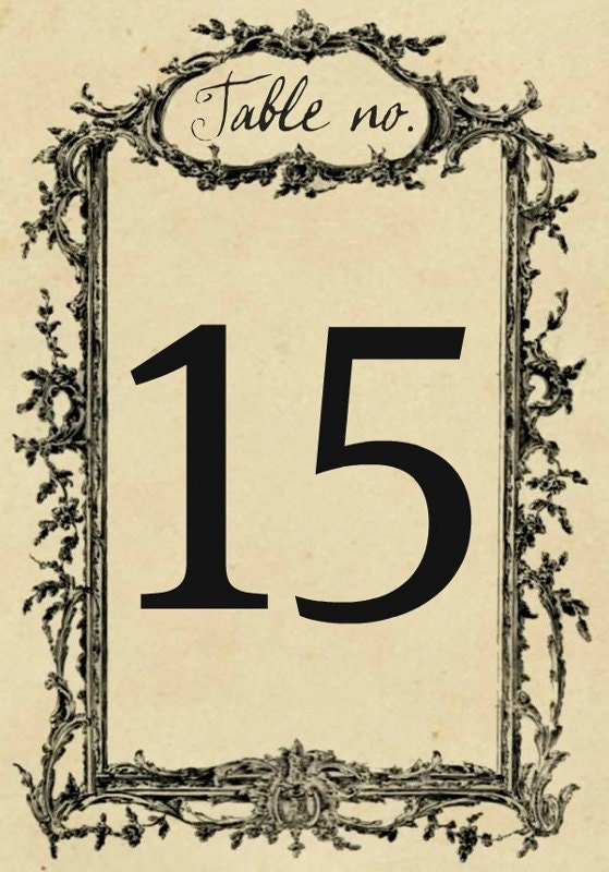 15 WEDDING TABLE NUMBERS 1-15 on Aged  Paper