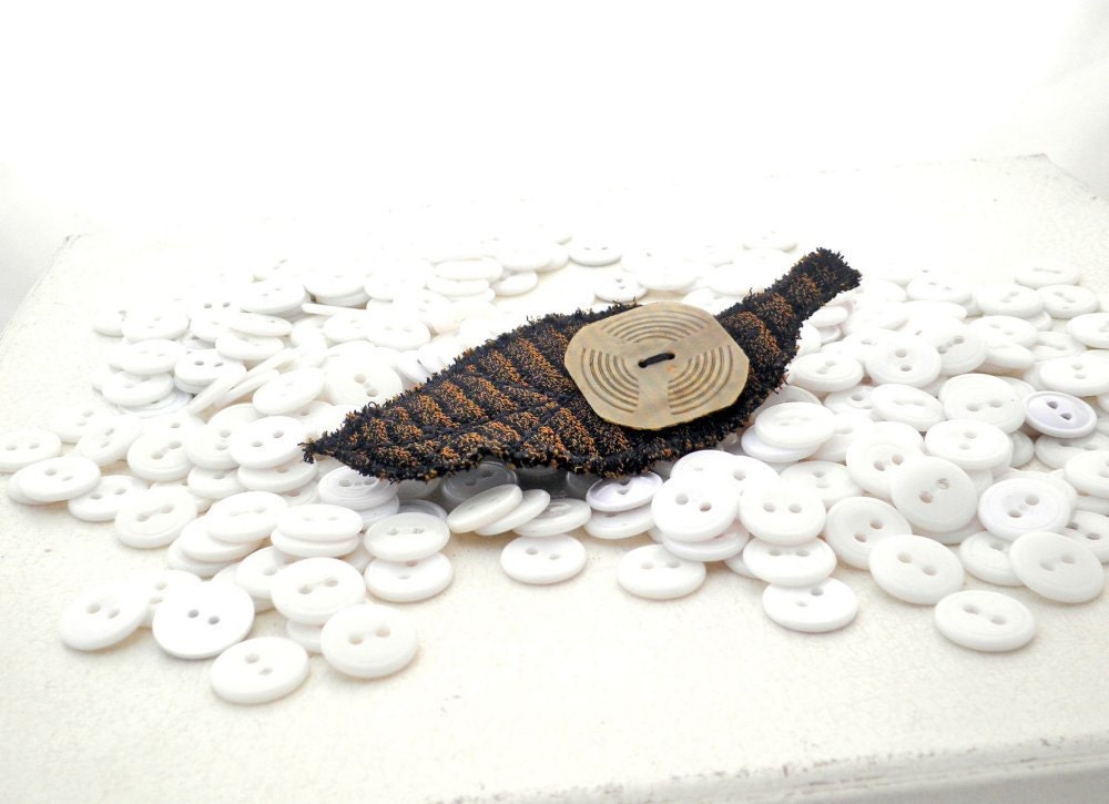 Fabric Leaf Button Brooch - Autumn Stripes and Circles