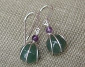 Green Aventurine Stone and Amethyst Sterling Silver Earrings - Stone Wire Wrap Bead Jewelry