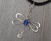 Dragonfly Necklace With Blue Sapphire Glass Bead - Sterling Silver Wire Pendant - Dragonfly Jewelry