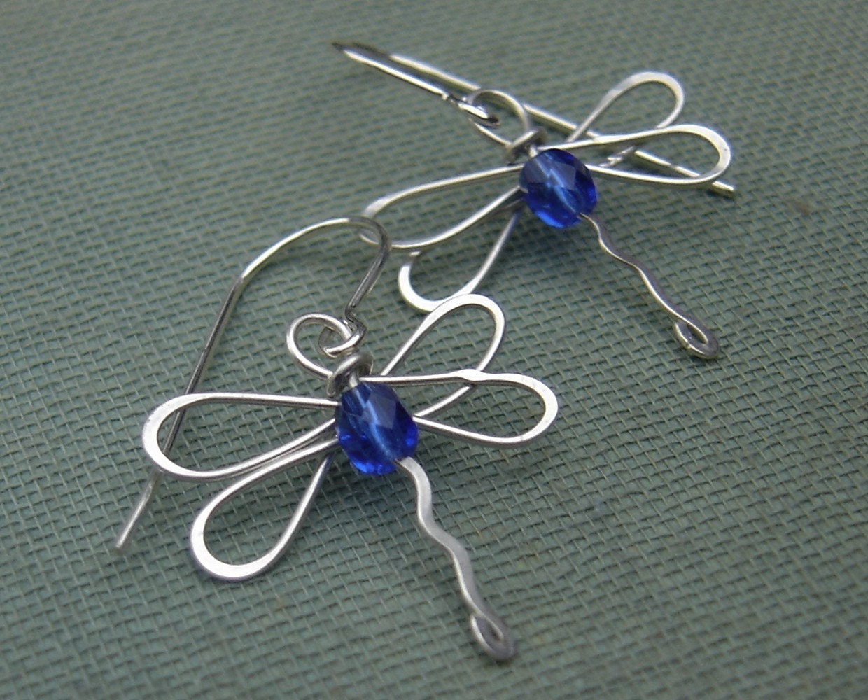 Dragonfly Earrings - With Sapphire Blue Glass Beads- Wire Wrapped Sterling Silver Dangle - Dragonfly Jewelry