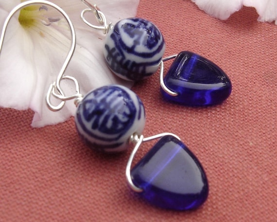 Chinese Porcelain Cobalt Blue Earrings, Glass Triangle Dangle Earrings, Asian Jewelry Beads