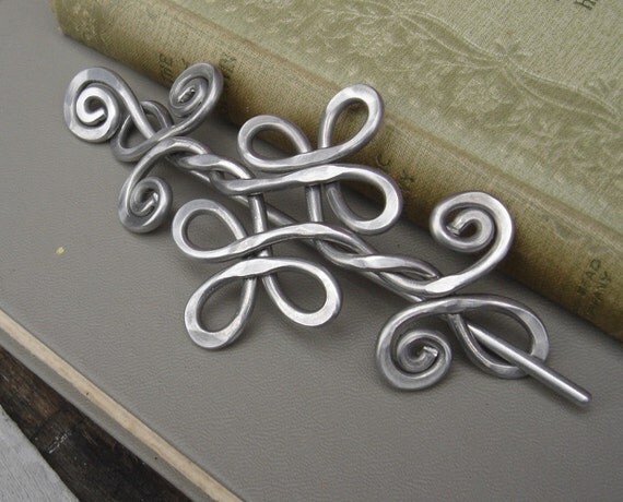 Celtic Knot Double Swirls and Curls Shawl Pin, Scarf Pin, Hair Pin, Hair Slide, Barrette - Aluminum - Knitting, Hair Accessories