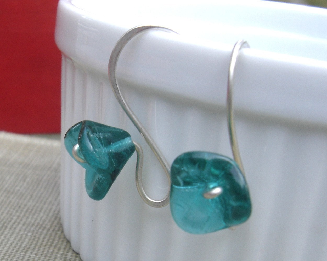 Long Stem Aqua Green Glass Flower Earrings - Flower Jewelry - Czech Glass Beads - Teal - Sterling Silver Wire