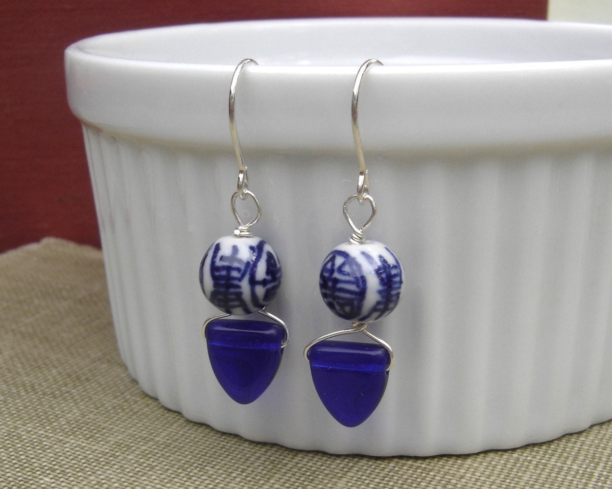 Chinese Porcelain Cobalt Blue Earrings, Glass Triangle Dangle Earrings, Asian Jewelry Beads