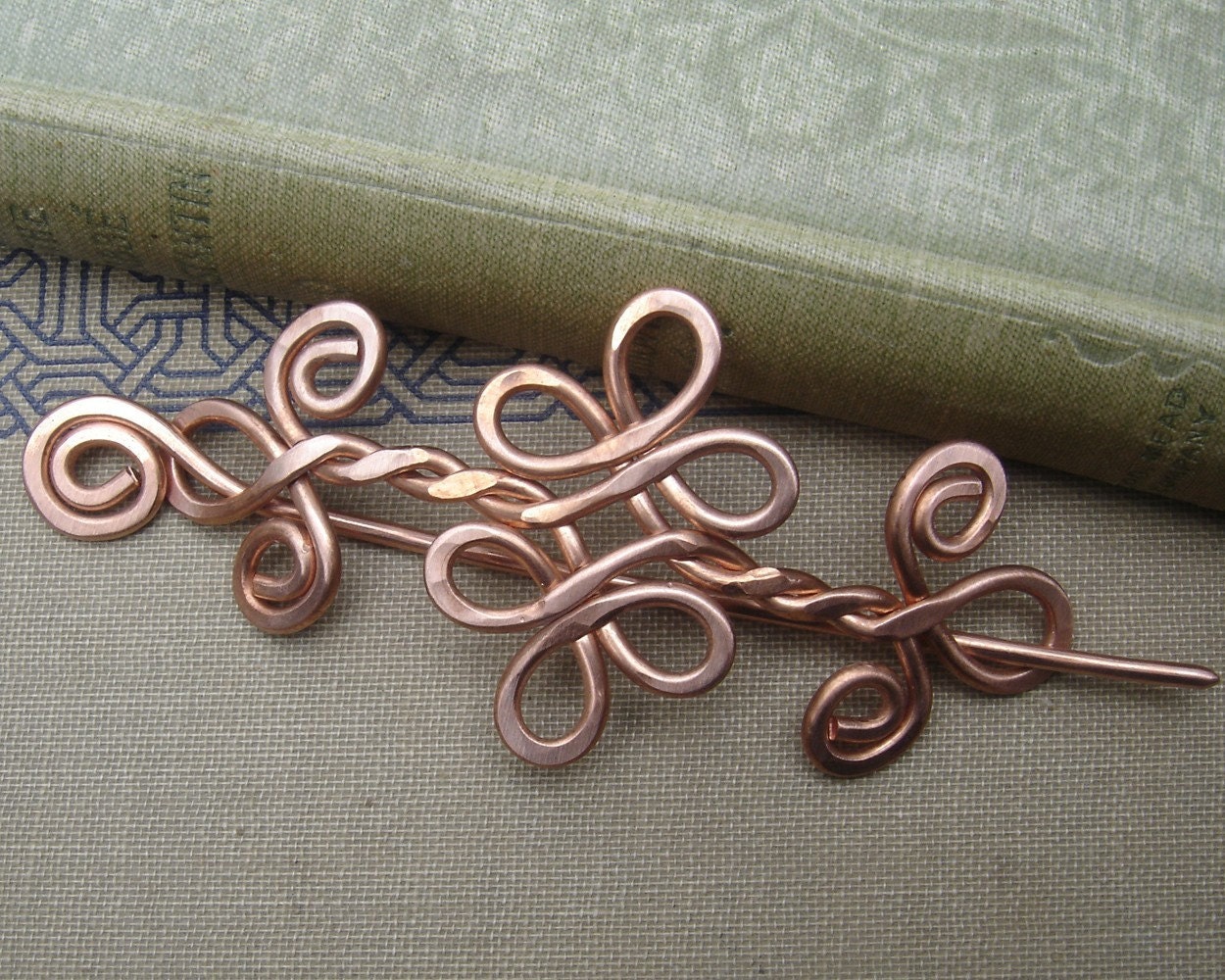 Celtic Knot Double Swirls and Curls Copper Shawl Pin, Hair Pin, Scarf Pin, Sweater Brooch, Barrette, Hair Clip - Hair Accessory