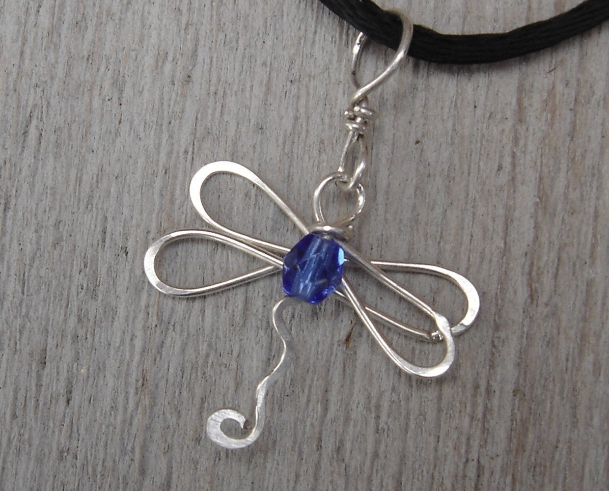 Dragonfly Necklace With Blue Sapphire Glass Bead - Sterling Silver Wire Pendant - Dragonfly Jewelry