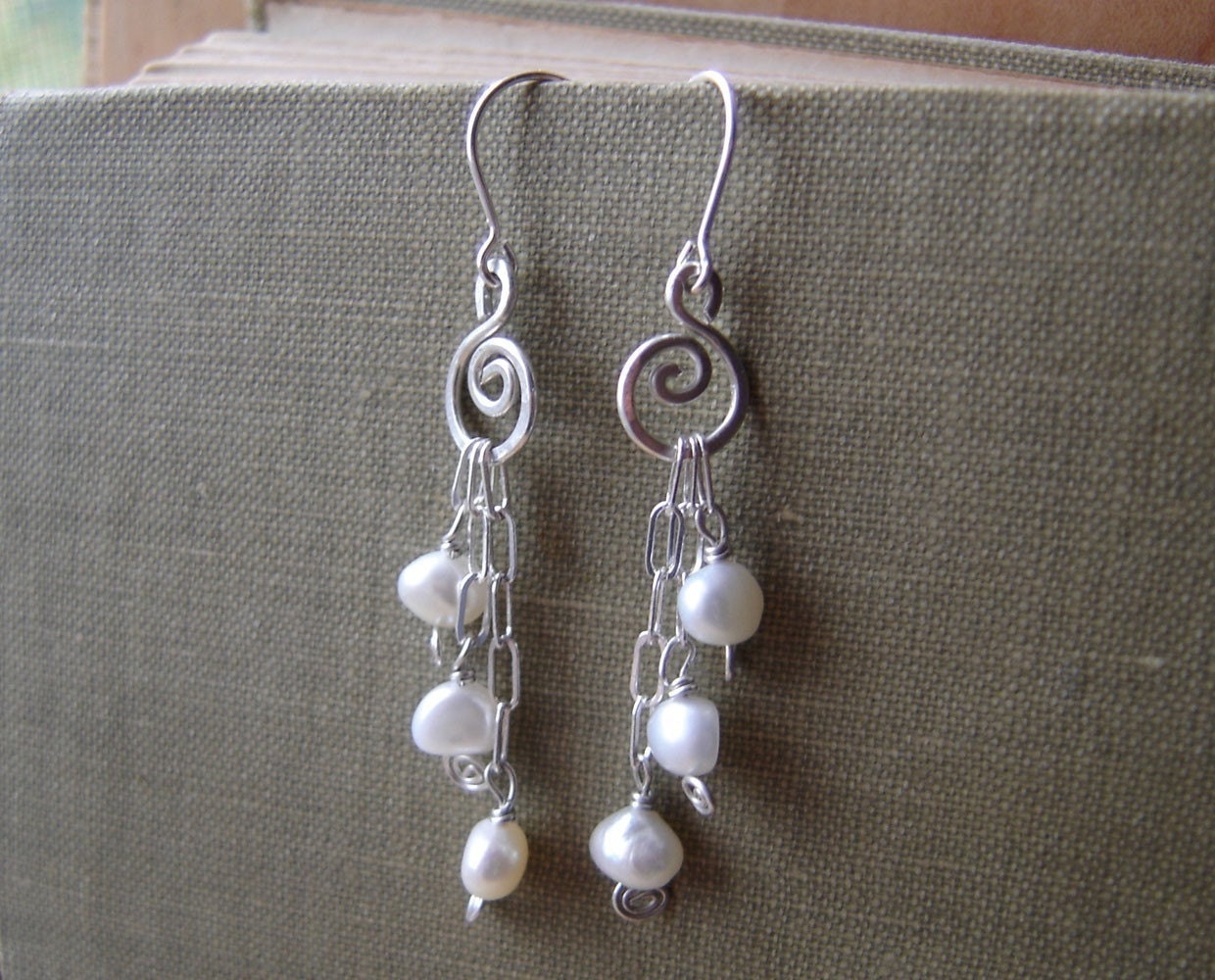 Long Pearls And Swirls Sterling Silver Dangle Earrings