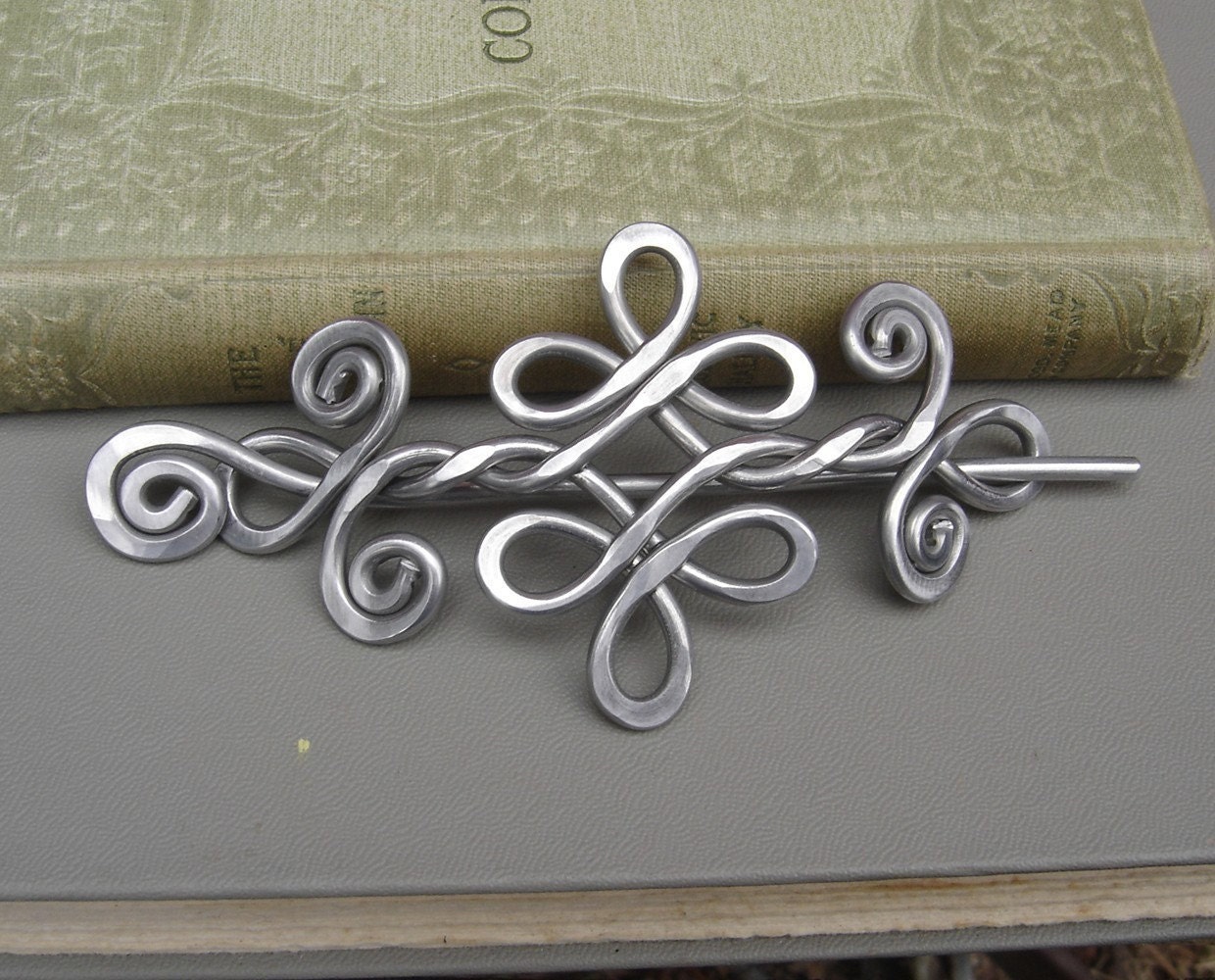 Celtic Knot Double Swirls and Curls Shawl Pin, Scarf Pin, Hair Pin, Hair Slide, Barrette - Aluminum - Knitting, Hair Accessories