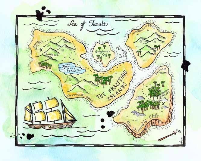Treasure Map - The Fractious Islands Map Original 8" x 10" Watercolor / Pirate Cartography