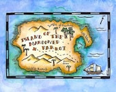 Pirate Map - Island of the Marooned Parrot Treasure Map 5" x 7" Original Watercolor