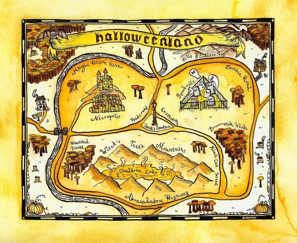 Halloween Map - Halloweenland 8" x 10" Original Watercolor Painting / Fantasy Cartography