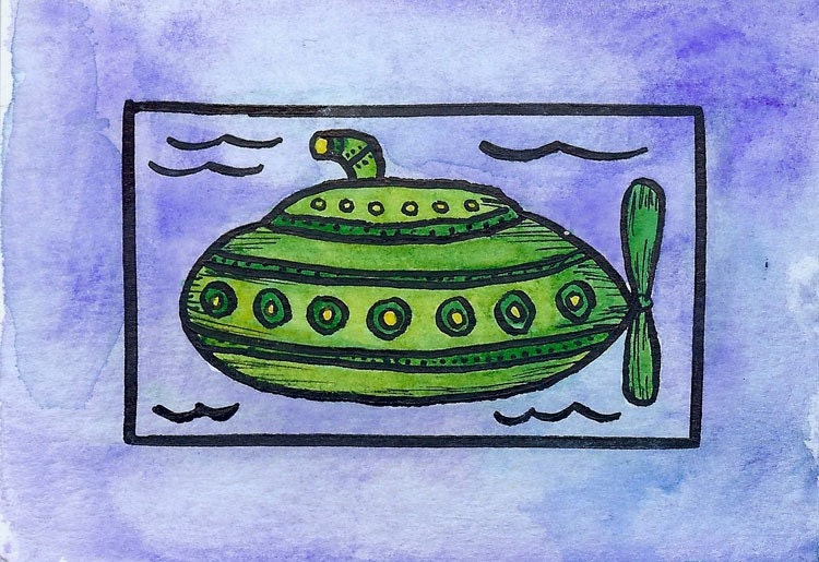Steampunk Submarine No. 17 Original Mini 2.5" x 3.5" Nautical Watercolor Painting