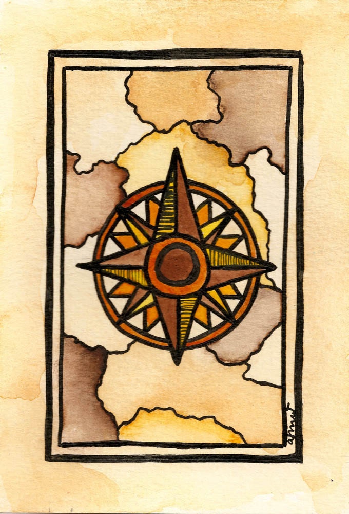 Cartographic Art - "A Sense of Direction" Compass Rose Original 3.5" x 5.5" Watercolor Painting