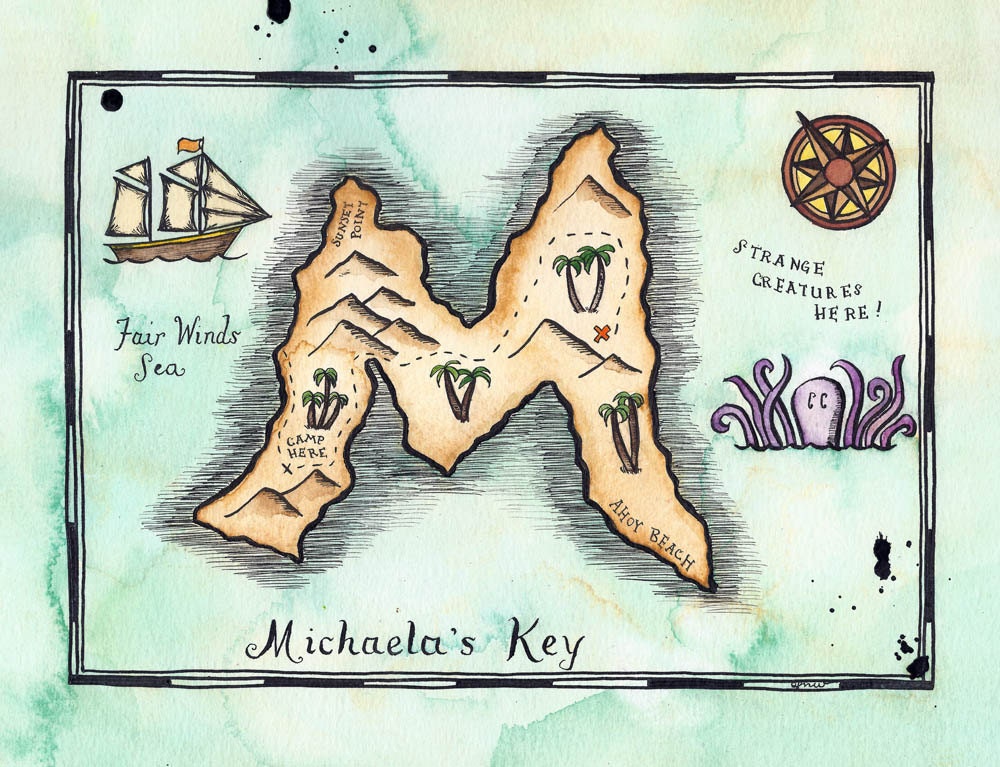 CUSTOM Initial Treasure Map - 5" x 7" Pirate's Map of Letter-Shaped Island