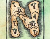 READY-TO-SHIP Initial "N" Treasure Map - 5" x 7" Pirate's Map of Letter-Shaped Island