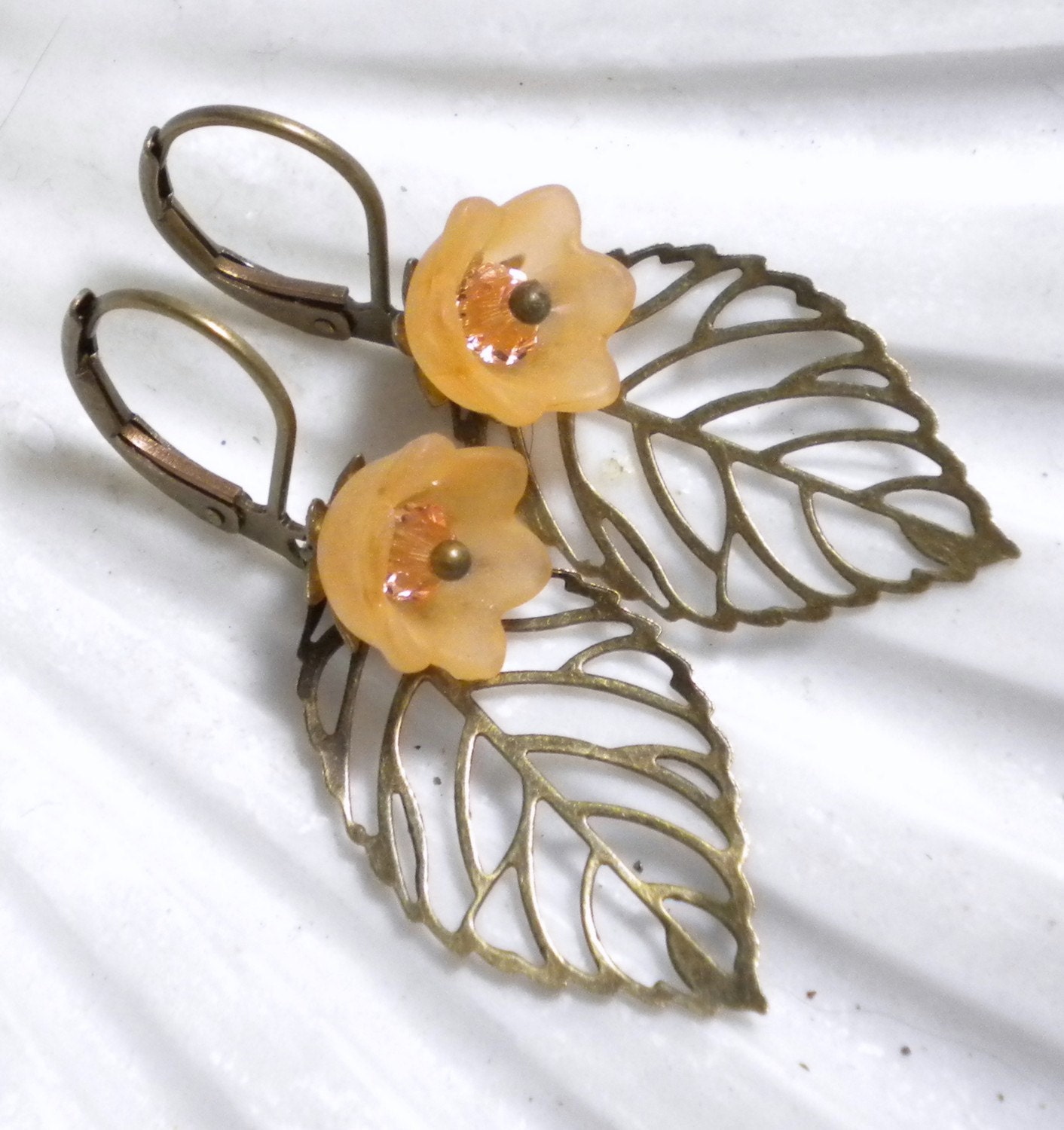 Acrylic Orange Flower and Brass Leaf Earrings