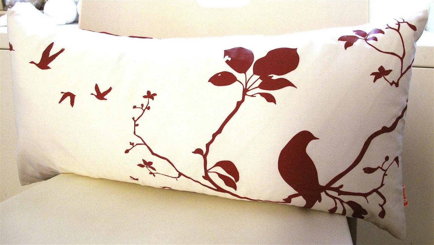 Red Print on Off white Flying By Rectangle Pillow