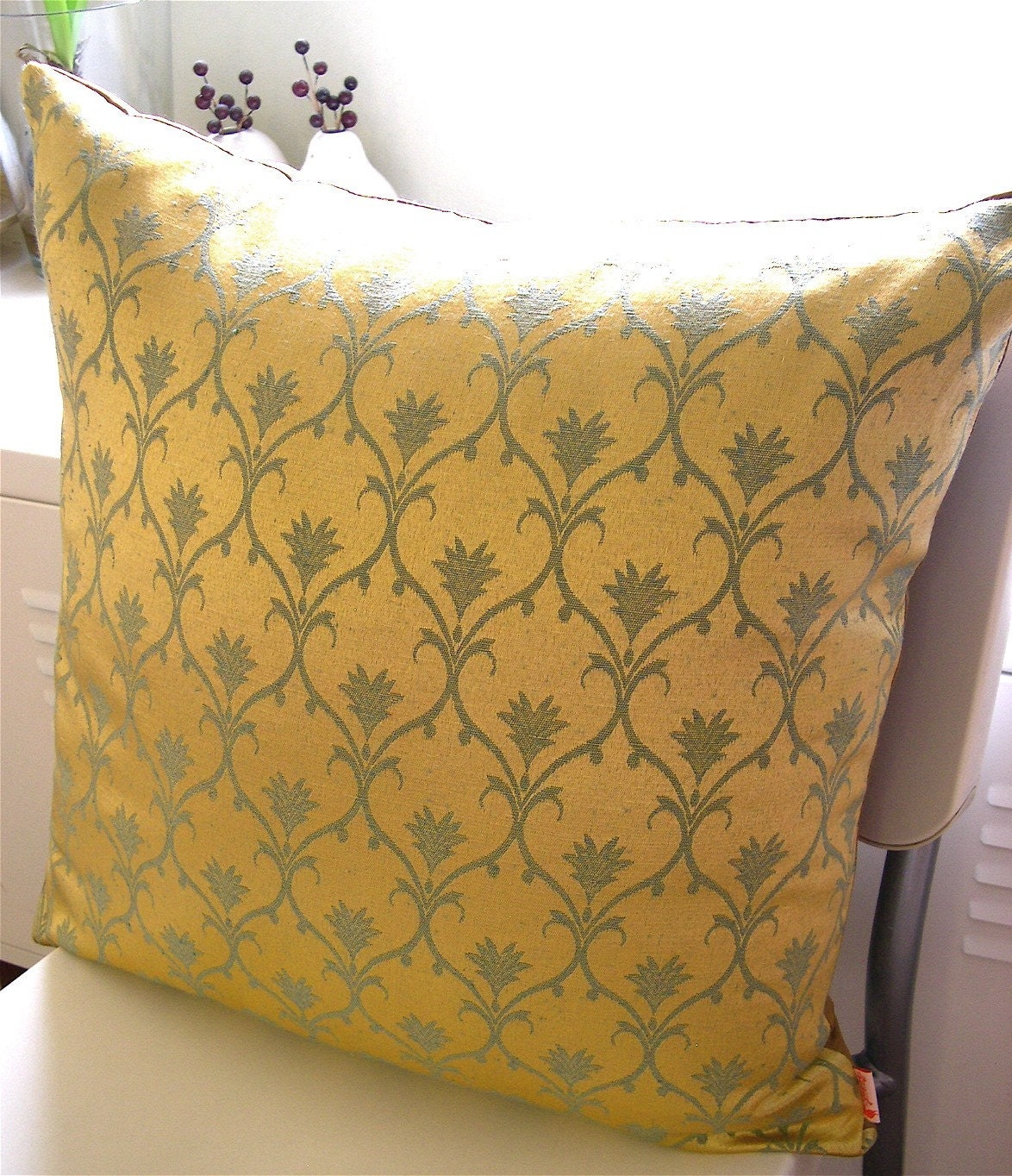 SALE Blue Grey and  Gold Art Nouveau Inspried Leafy Medallion Damask Decorative 19 inches Pillow