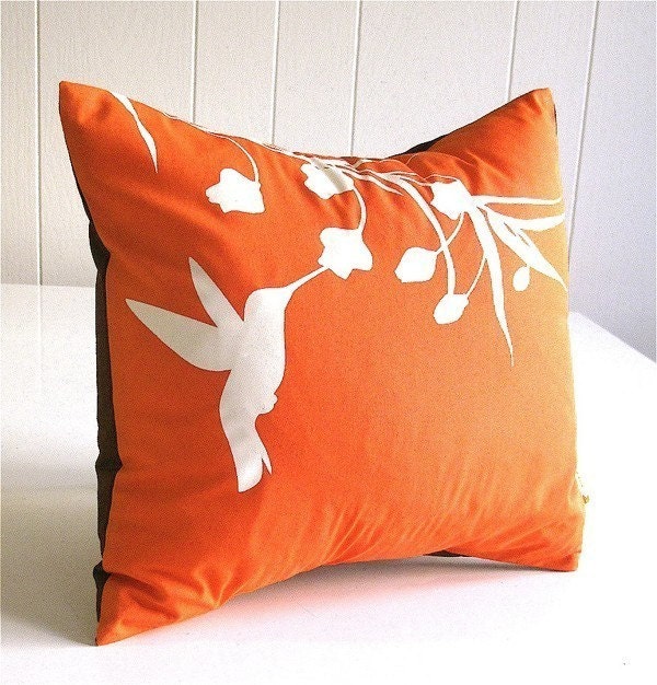 Orange Hummingbird with Eucalyptus  - Mini 10.5 Inches Square Pillow