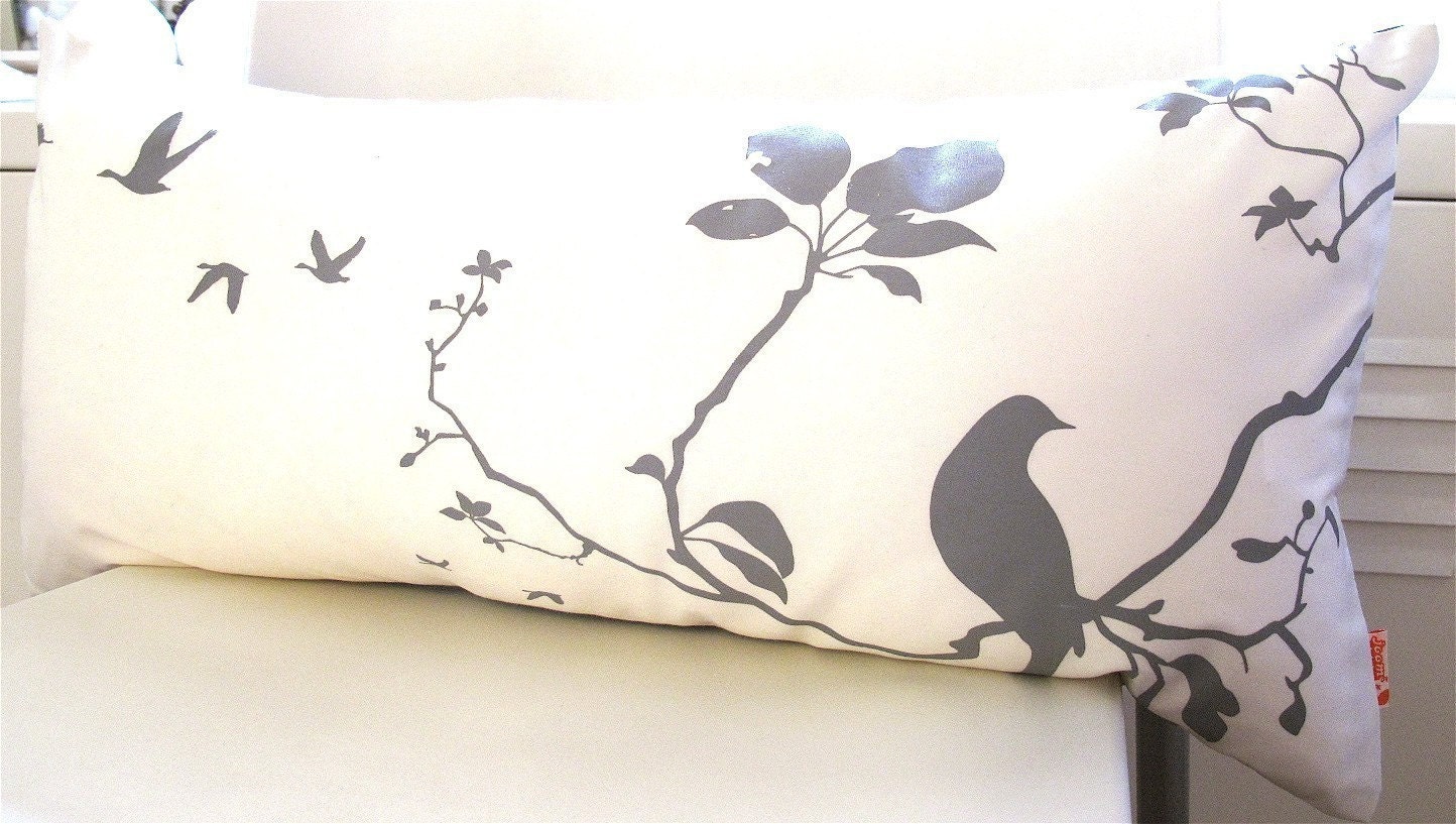 Grey Print on Off white Flying By Rectangle Pillow