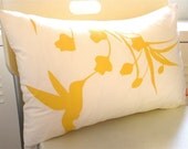 Yellow Print on Off White Cotton Hummingbird with Eucalyptus Rectangle Pillow
