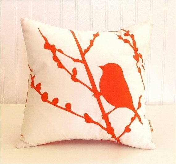 Orange Print on White Cotton Bird on Cherry Blossom - Mini 10.5 Inches Square Pillow