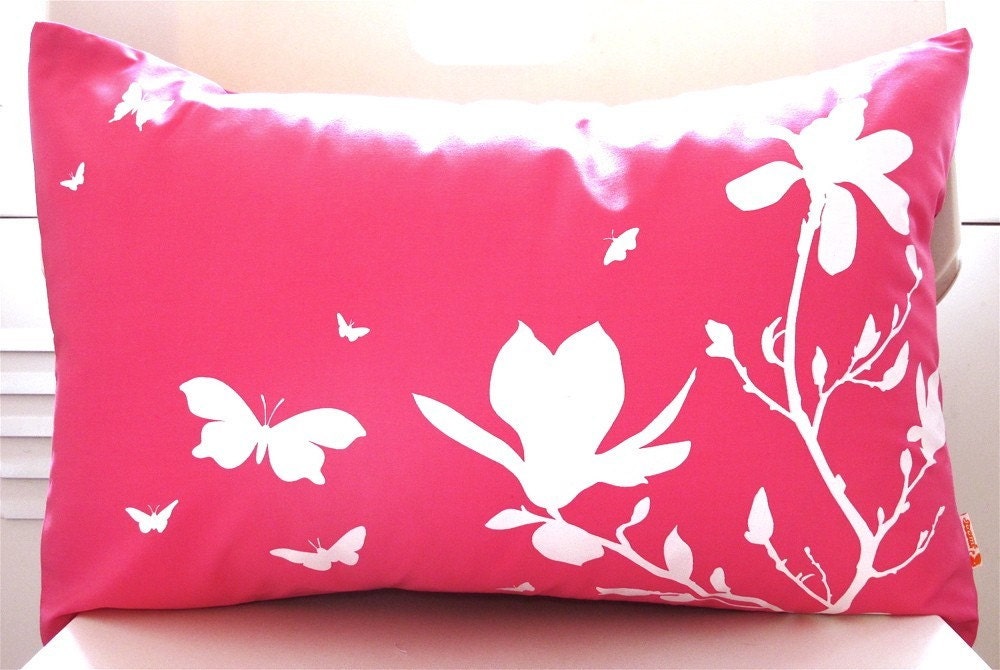 Hot Pink Magnolia and Butterfies Rectangle Pillow