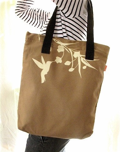 SALE Tan Hummingbird with Eucalyptus Shoulder Tote Bag