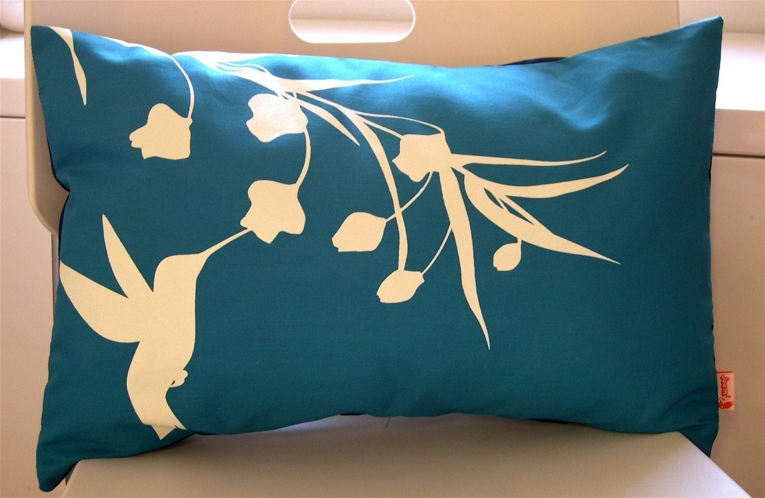 SALE-Teal Hummingbird with Eucalyptus Rectangle Pillow