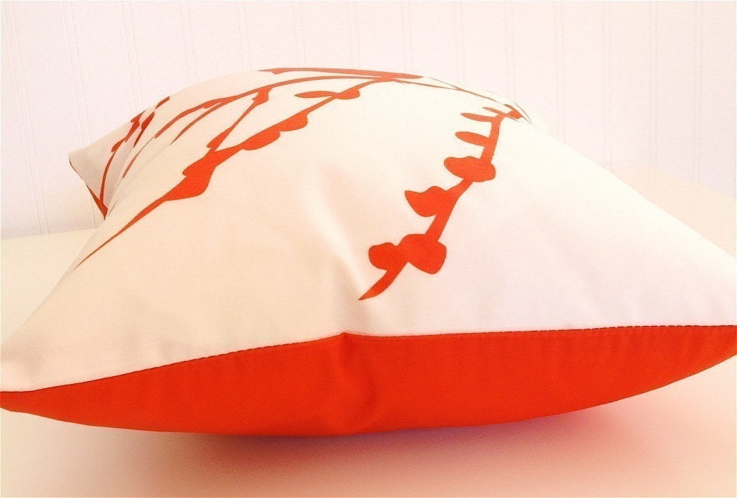 Orange Print on White Cotton Bird on Cherry Blossom - Mini 10.5 Inches Square Pillow