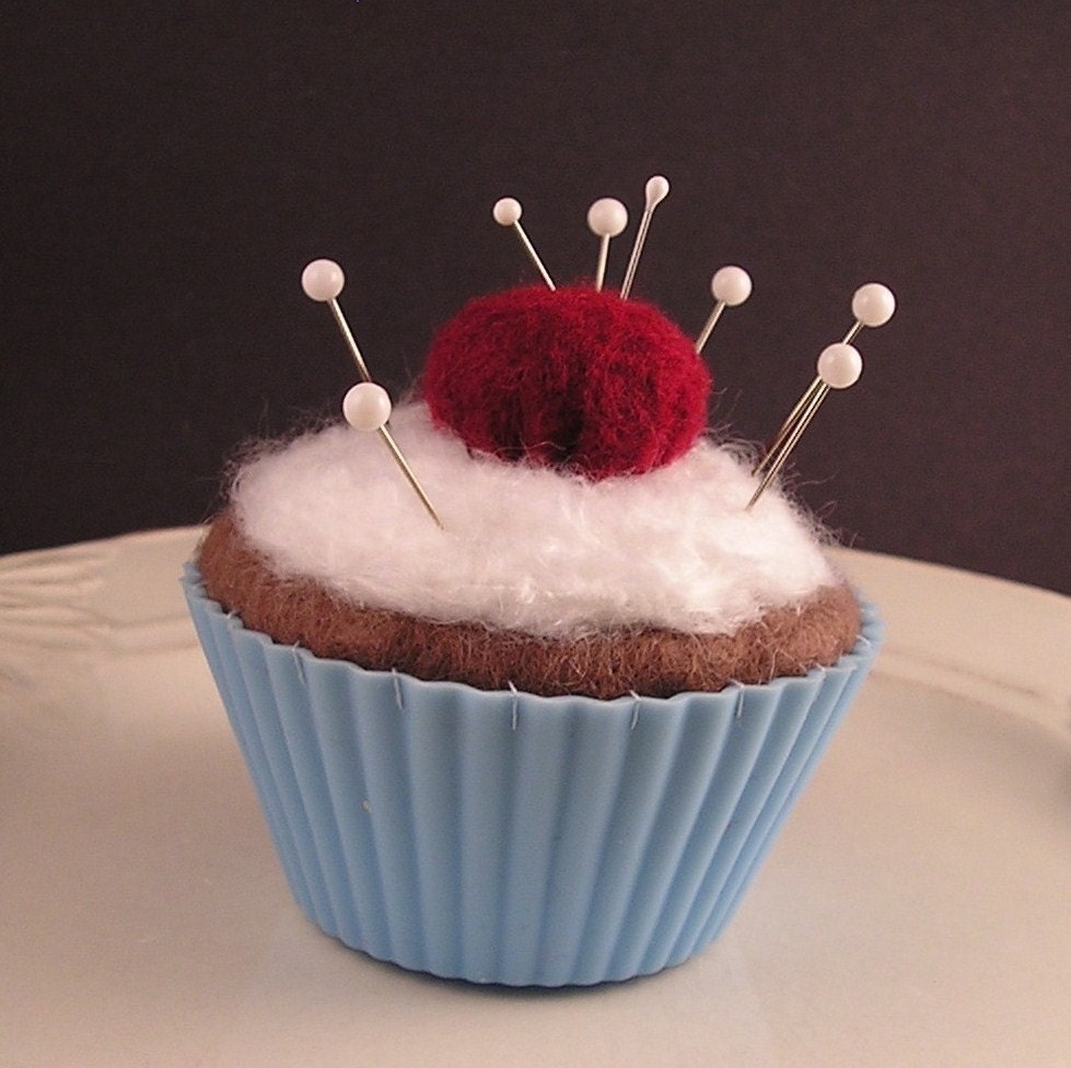 Cupcake Pincushion / Pin Cushion - Chocolate with Emery Cherry in Blue Liner