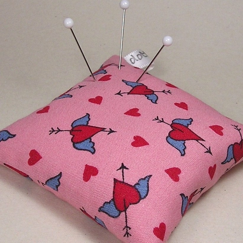 Large Emery Pincushion  / Pin Cushion -  Pink with Winged Heart Tattoos