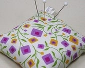 Large Emery Pincushion / Pin Cushion - Mod Square Flowers in Purple and Gold