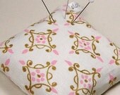 Large Emery Pincushion / Pin Cushion - Pink Flowers with Gold Scrolls