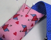 Wrist Emery Pincushion / Pin Cushion - Pink with Winged Tattoo Hearts