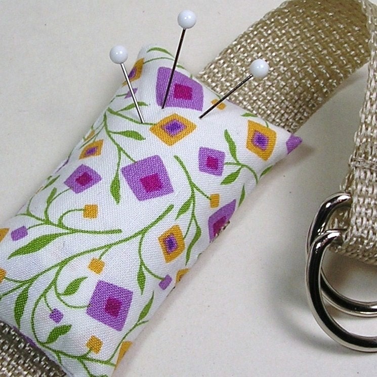 Wrist Emery Pincushion / Pin Cushion - Mod Square Flowers in Purple and Gold