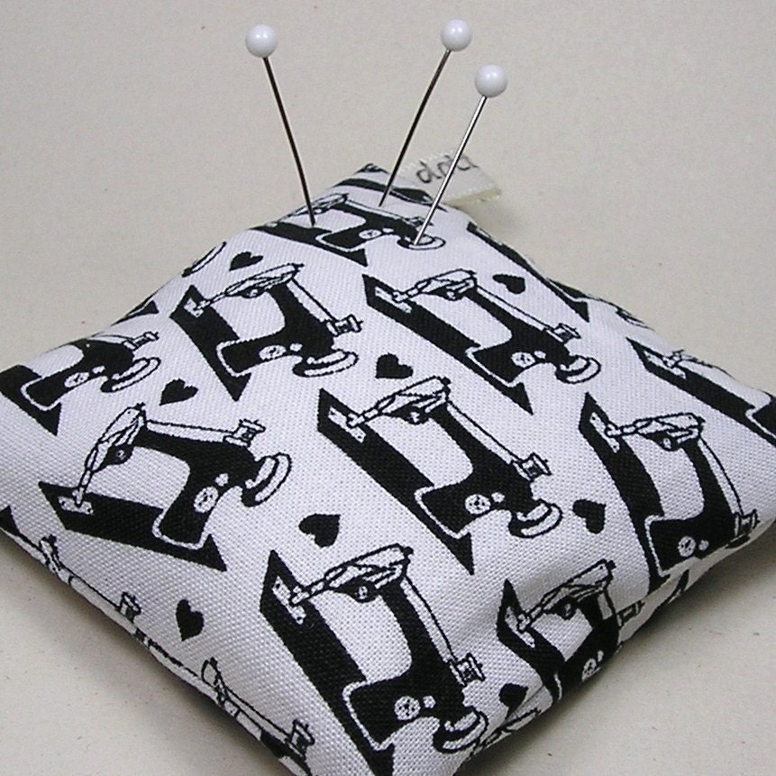 Large Emery Pincushion  / Pin Cushion -  White with Classic Sewing Machines