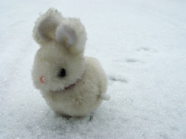 Bob (the Bunny) - retro wind up rabbit, toy photography, winter, snow, ice, blue, rabbit, bunny, vintage toy,  foot prints, love, 8x10