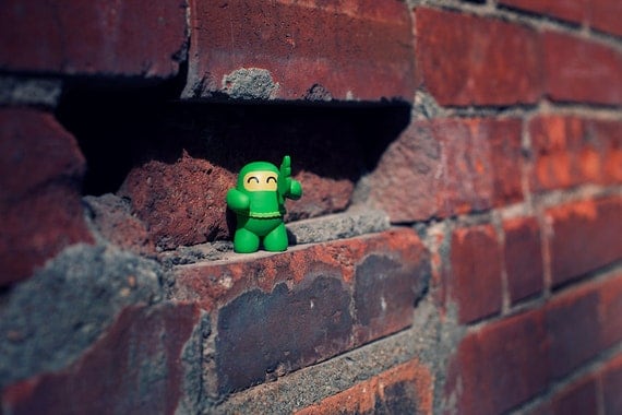 the right ninja... the wrong ninja outfit... 8x10, fine art, toy photography, ninja, toy, green, brick wall, city, urban, throwing star