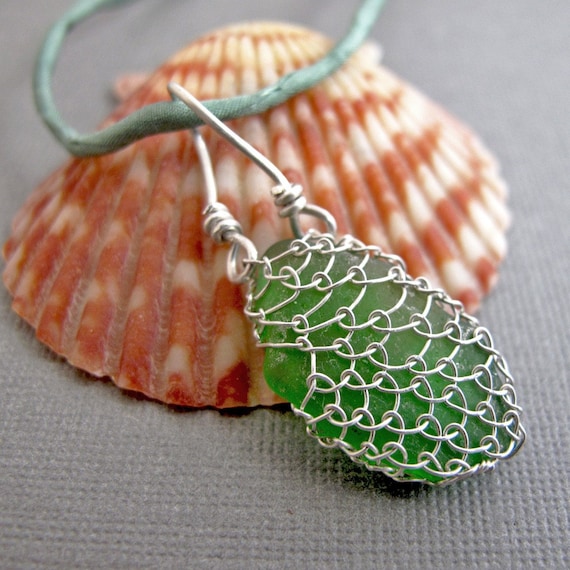 Netted Sea Glass Necklace - Silver, Silk, and Glass