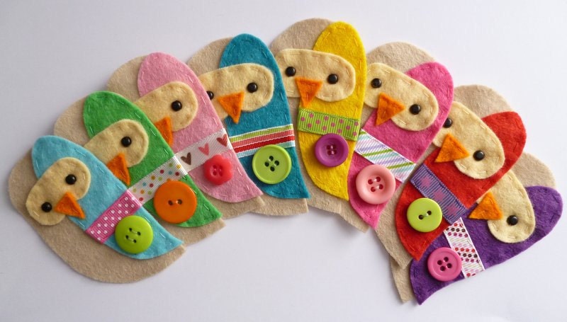 THREE felt owls HANDMADE  embellishment / applique