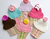 THREE tall mini cupcake HANDMADE  embellishment / applique