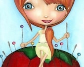Redhead Seamstress on Pincushion Art Print