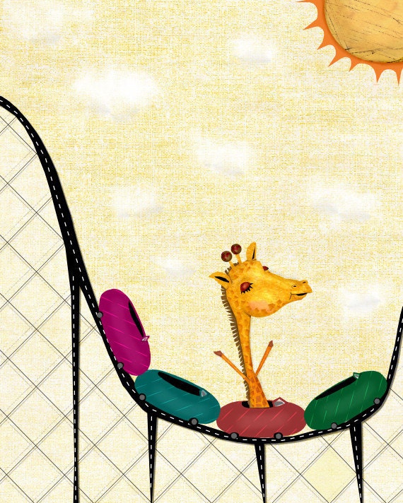 Digital Ilustration - Giraffe On A Rollercoaster, Yellow Nursery Art Print, Bright Colorful Whimsical Giraffe Art,  Children Baby Room Decor